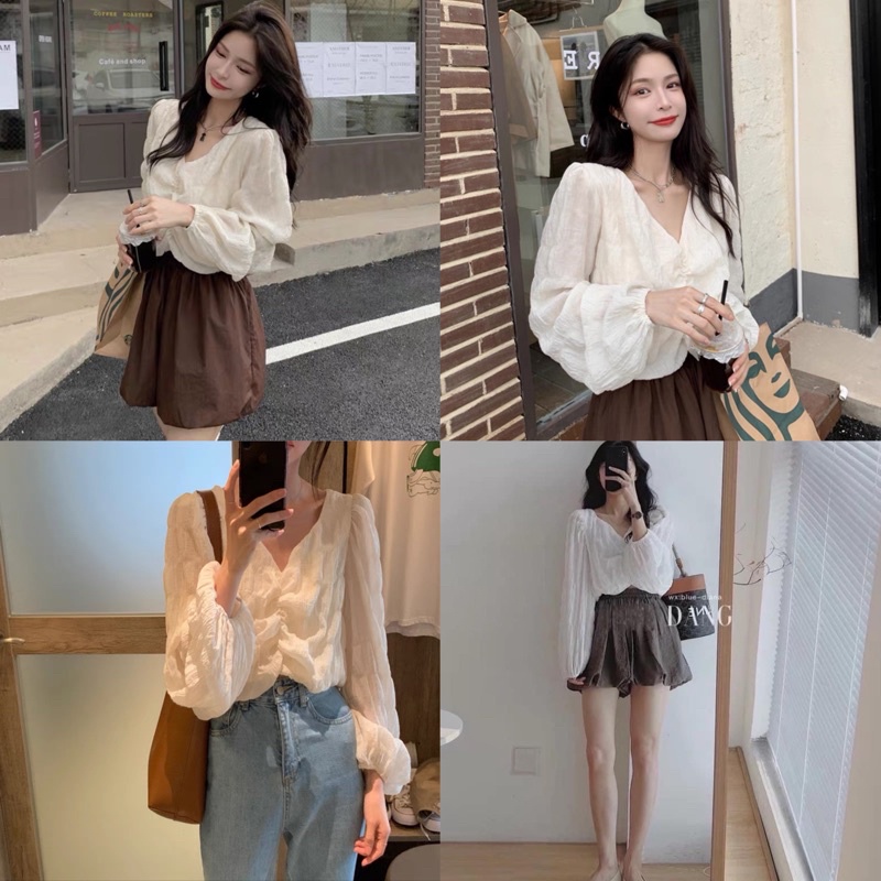 Set đồ hot girl gồm áo nhún bèo và quần short bo gấu
