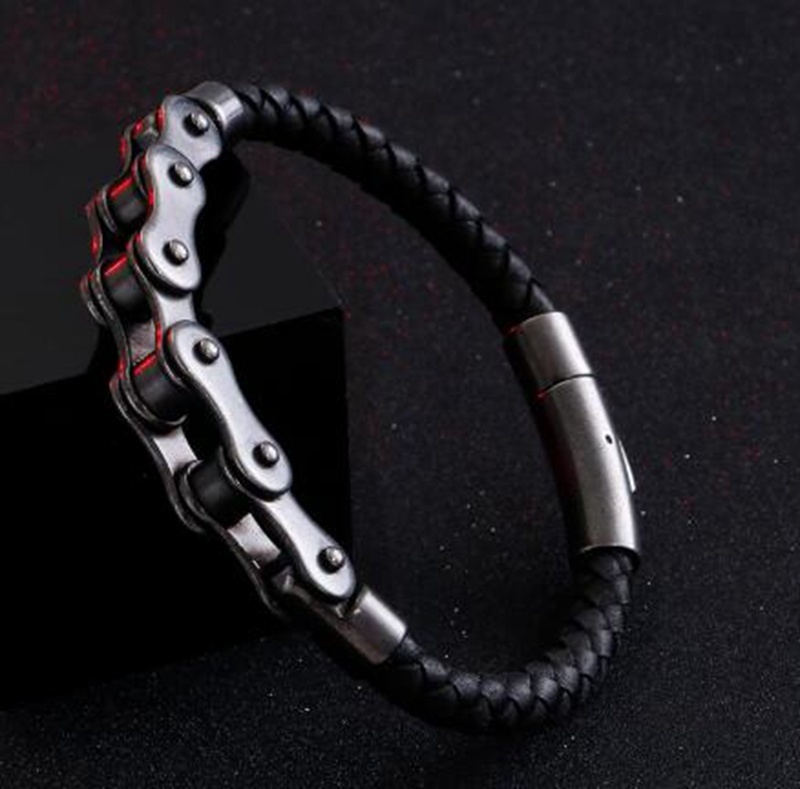 Vòng đeo tay trang sức da phối xích xe đạp bằng thép không gỉ màu đen phong cách punk rock vintage cho nam