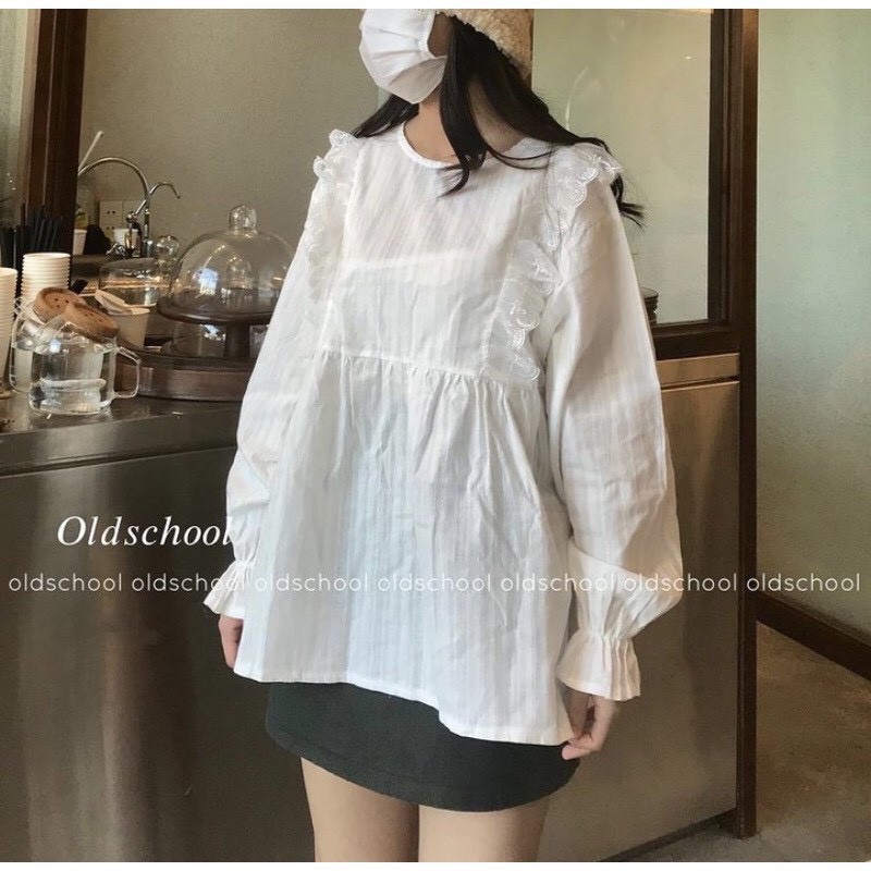Áo babydoll trắng viền ren bèo chun tay ulzzang