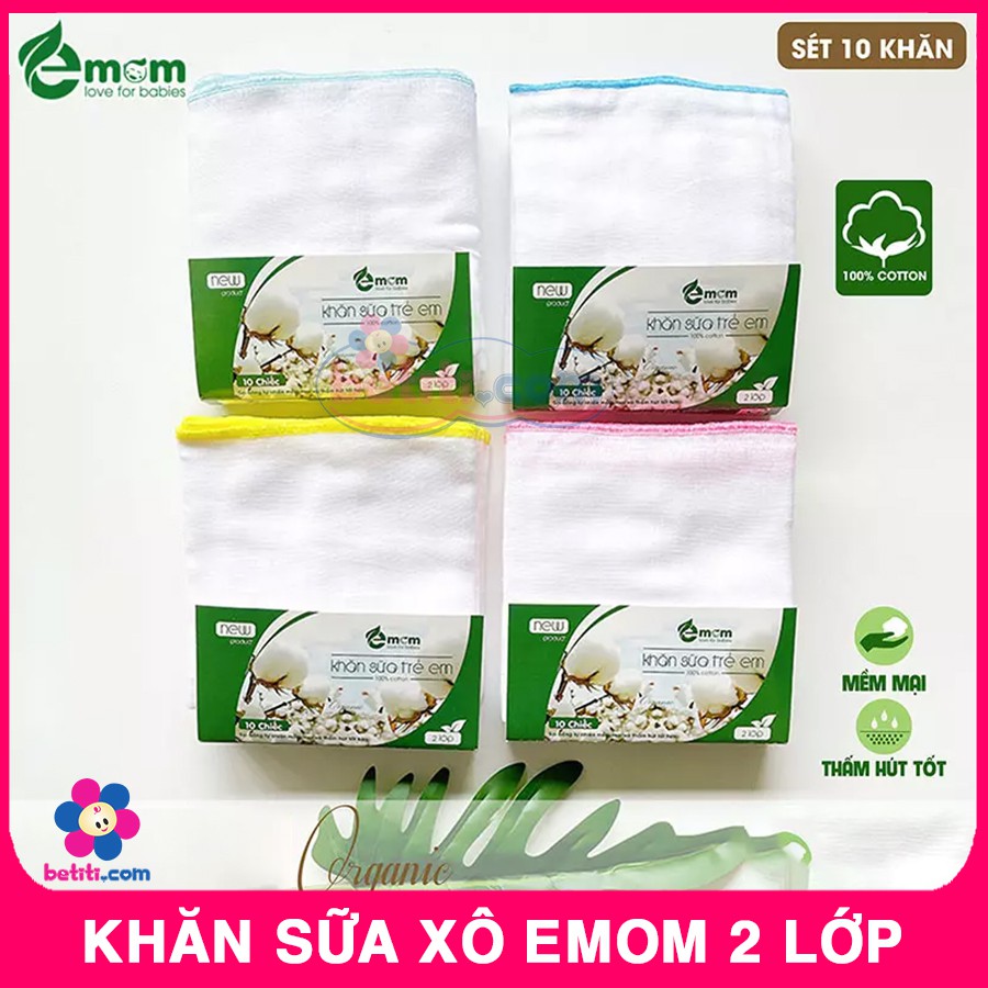 Gói 10 Chiếc Khăn Sữa Xô Sơ Sinh EMOM 2 Lớp Cotton Cao Cấp