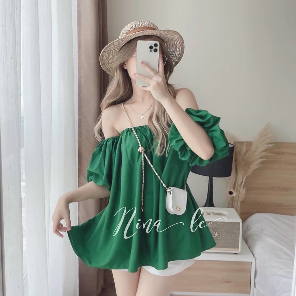 Sét bộ đồ nữ áo kiểu trễ vai cúp ngực kèm quần đùi dễ thương