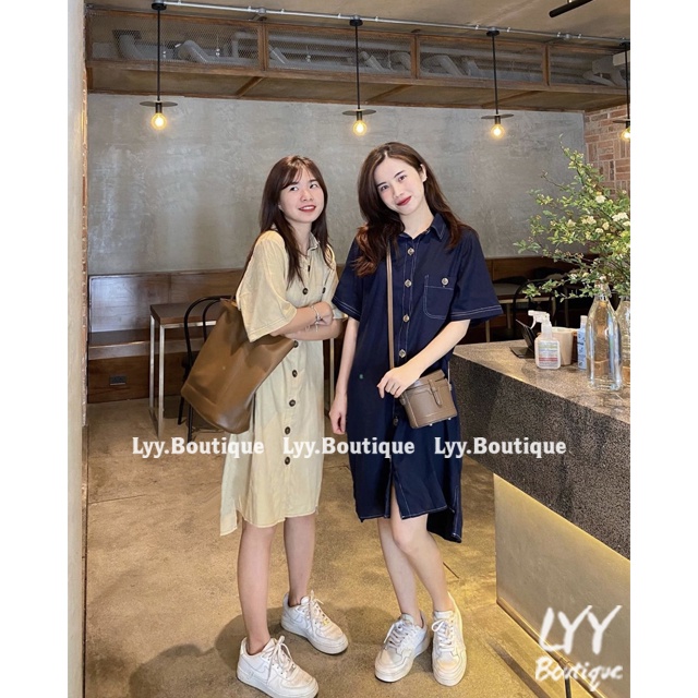 Váy sơ mi dáng ULZZANG đuôi tôm suông tay cộc chất đũi linen, Đầm sơmi viền chỉ nổi oversize LYY BOUTIQUE