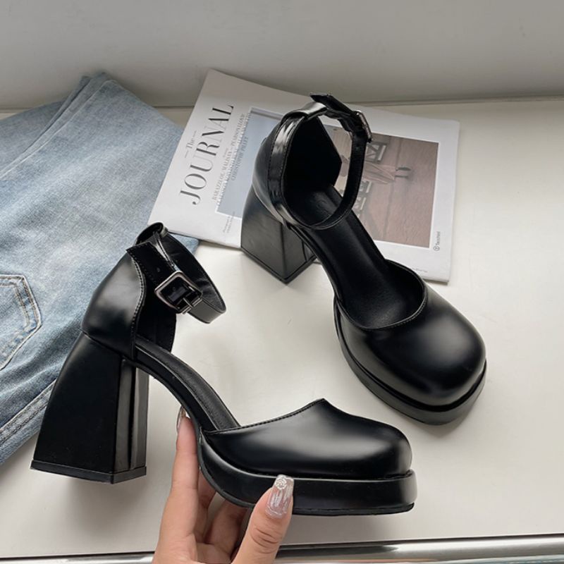 Giày cao gót Mary Jane Hàn Quốc đế vuông quai cài giản đơn màu đen đế cao 9cm