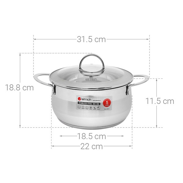 Nồi inox 304 Elmich Celestine EL5275 - 5276 - 5277 - 5278 - 5279 size 18cm-20cm-22cm-24cm-28cm