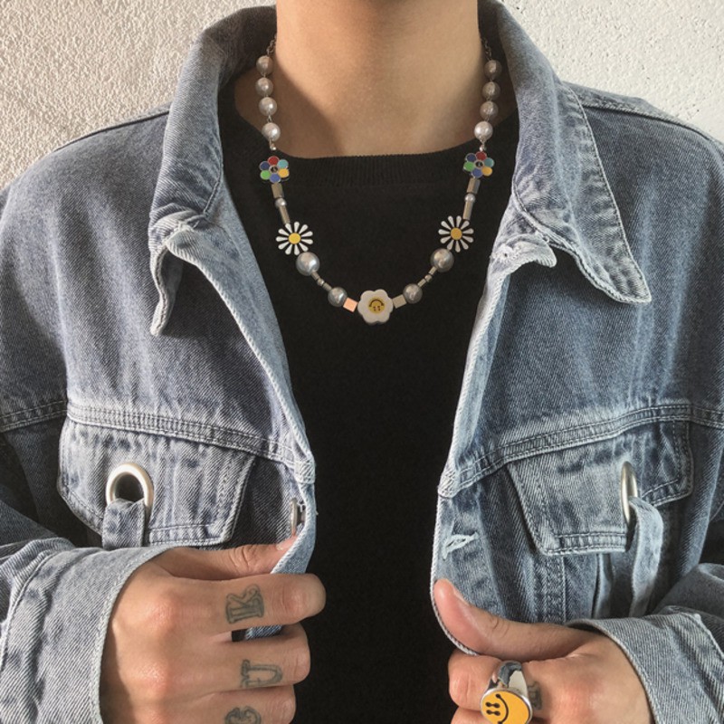 Dây Chuyền Mặt Hình Hoa Cúc Đính Ngọc Trai Phong Cách Hip Hop