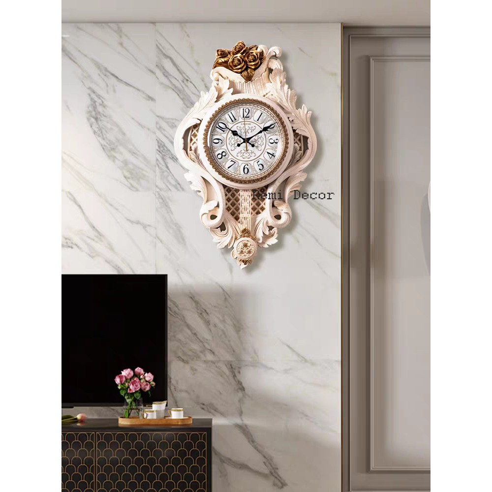 Đồng hồ treo tường quả lắc tân cổ điển - Trang trí phòng khách đẹp - Đồ decor cao cấp - Máy pin kim trôi sang trọng