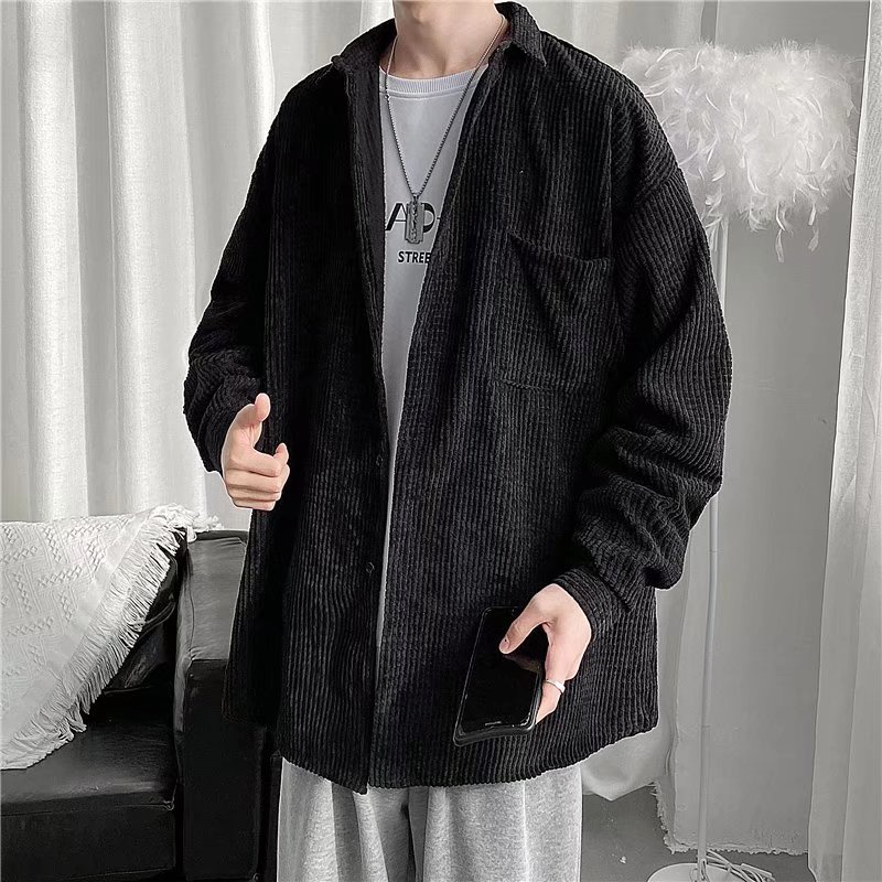 Áo khoác sơ mi tay dài bằng nhung kẻ phong cách xuân thu thịnh hành cho nam