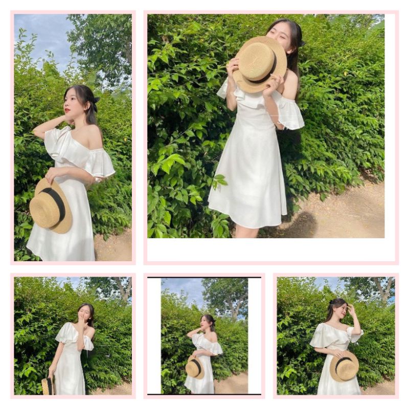 Đầm Trắng Tiểu Thư Lệch Vai Xinh Xắn, Đâm Thiết Kế Dáng Xoè Phong Cách Hàn Quốc
