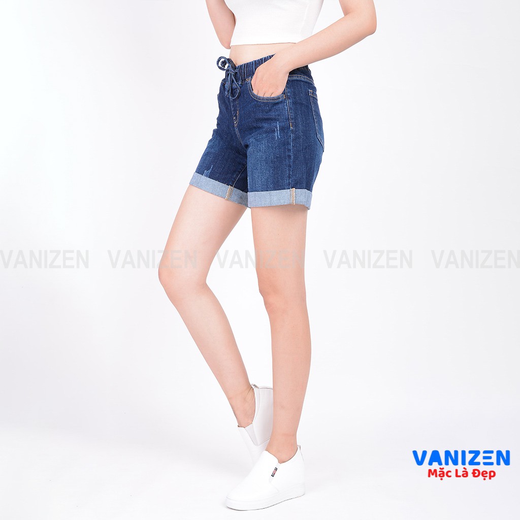 Quần short jean nữ ngắn đẹp lưng cao cạp chun xước nhẹ hàng hiệu cao cấp mã 449 VANIZEN