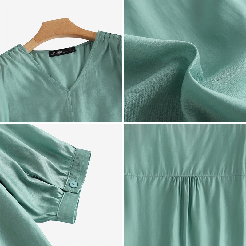 Áo sơ mi ZANZEA tay lửng cổ chữ V màu trơn phong cách vintage dành cho nữ