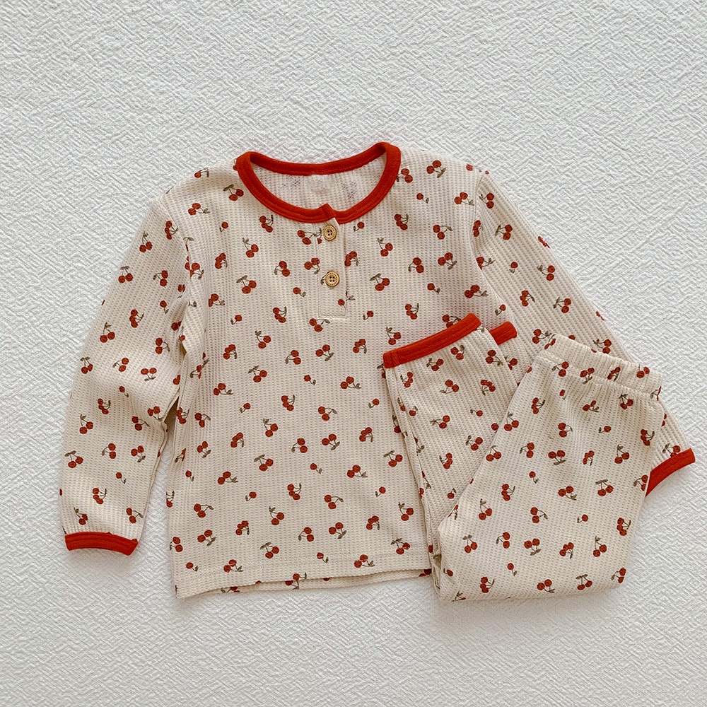 Đồ bộ bé trai bé gái hình quả Cherry cá tính dễ thương, Set quần áo sơ sinh vải cotton tổ ong tay dài Hàn Quốc