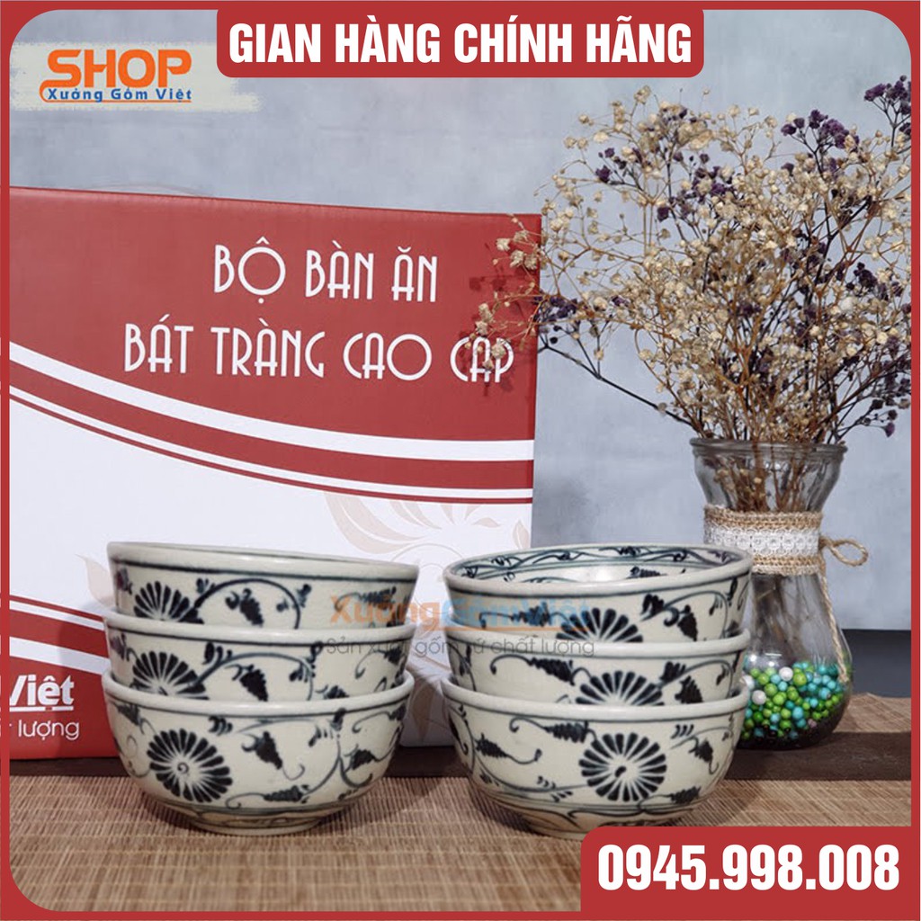 Set bát đĩa sứ giả cổ cao cấp vẽ cúc đen 12 món, hàng vuốt tay thủ công BÁT TRÀNG - XƯỞNG GỐM VIỆT