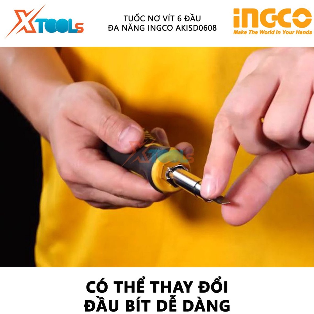 Tuốc nơ vít 6 đầu INGCO AKISD0608 | bộ tua vít 6 đầu bít phổ thông SL5, SL6, PH1, PH2, 6mm, 8mm, thân tua vít thông minh