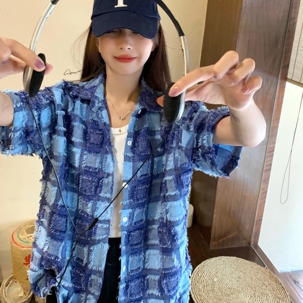 【ZHELIHANGFEI】Áo Sơ Mi Nữ Tay Ngắn Dáng Rộng Họa Tiết Caro Dễ Phối Đồ