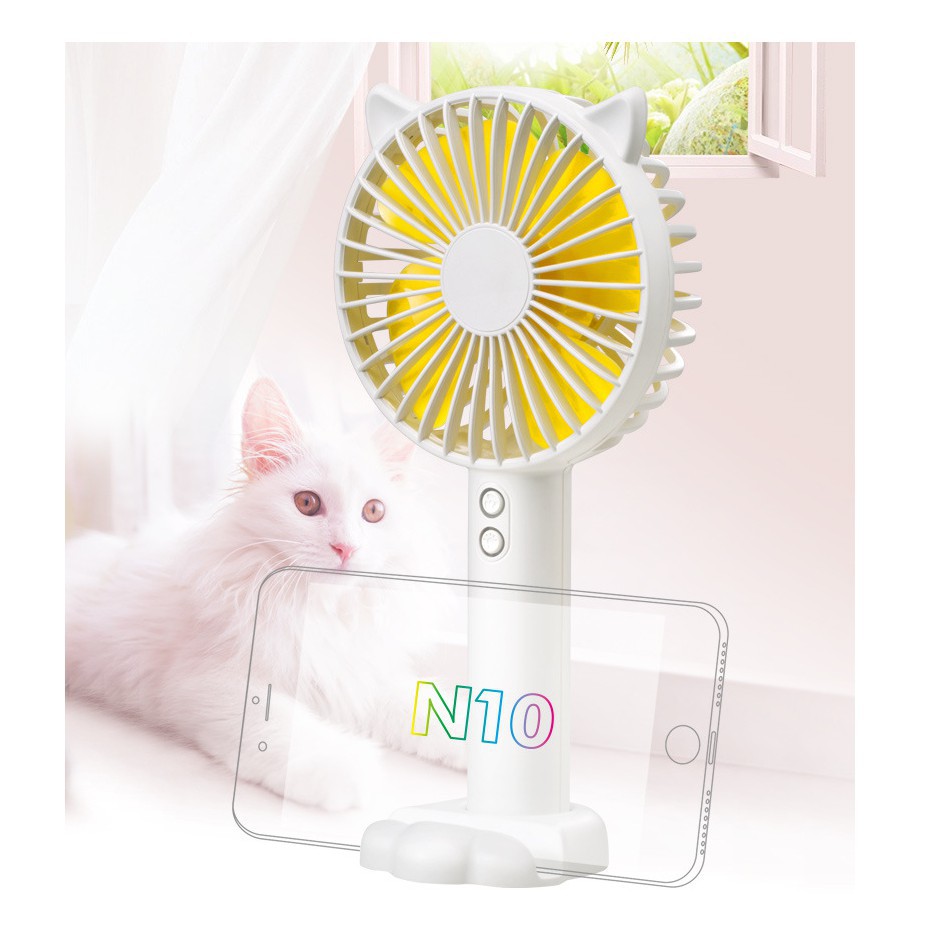 Quạt mini cầm tay tiện dụng handy fan 3 tốc độ gió tai mèo cao cấp có đèn kiêm giá đỡ điện thoại