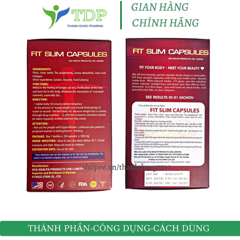 Viên uống giảm cân đẹp da FIT slim usa, hỗ trợ giảm cân, giảm mỡ thừa