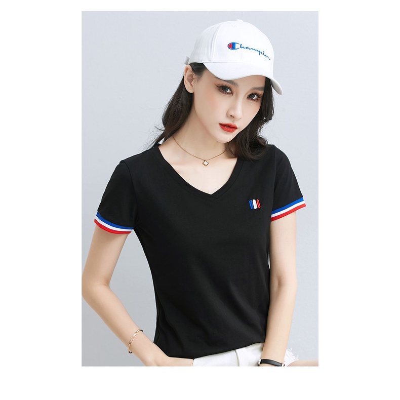 Áo Thun Cotton Mỏng Tay Ngắn Cổ Chữ v Thêu Họa Tiết Thời Trang Mùa Hè Mới Cho Nữ