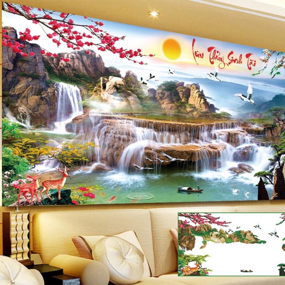 Tranh đính đá phong cảnh Lưu thủy Sinh Tài KT:120x60cm,160x70cm,tranh gắn đá  chưa