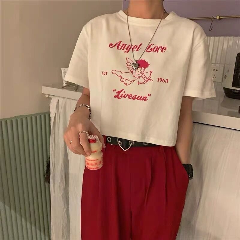 Áo Thun Tay Ngắn Dáng Rộng In Họa Tiết Thần Tình Yêu