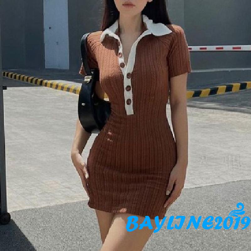 Đầm Dệt Kim Ngắn Tay Ôm Dáng Xẻ Tà Cài Nút Màu Sắc Tương Phản Cho Nữ