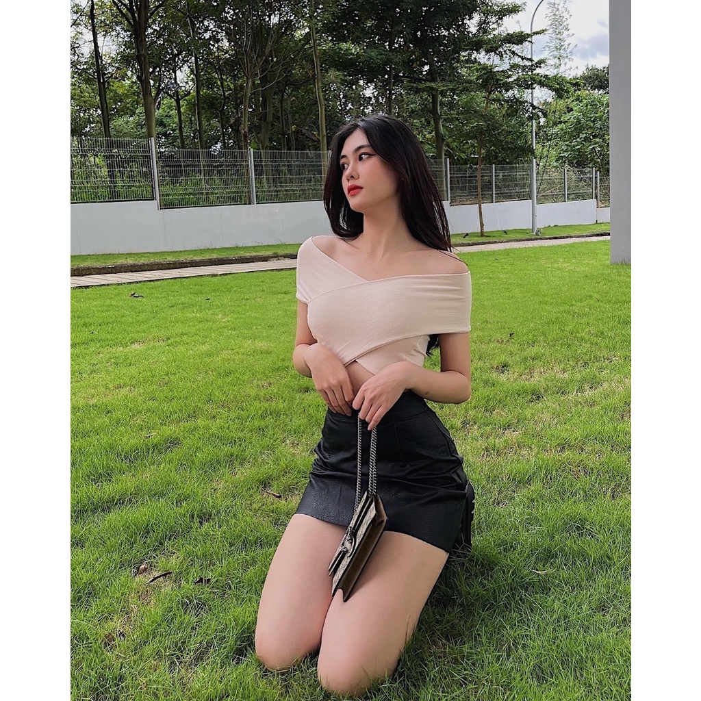 Áo croptop nữ tay dài HHVINTAGE kiểu chéo hai lớp thun co giãn TOP A51