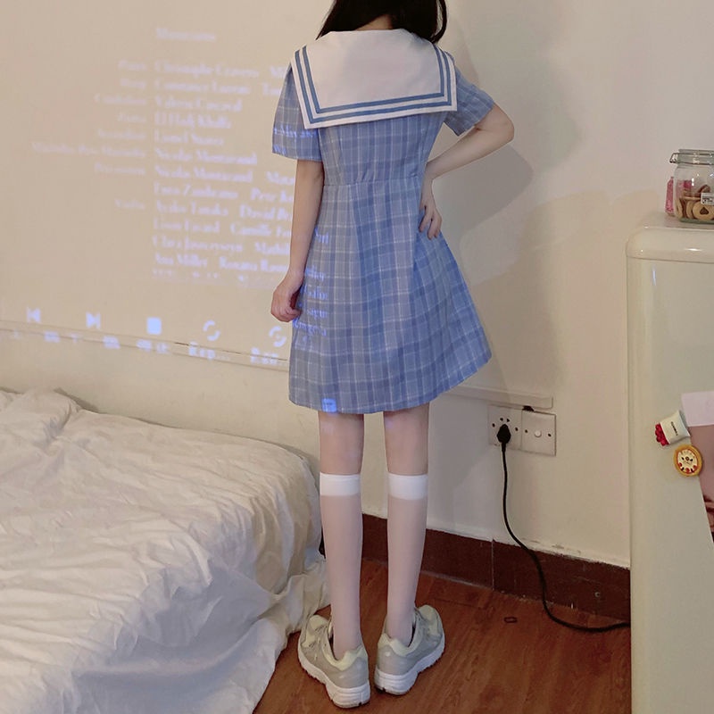 Đầm Giả Hai Mảnh Cổ Thủy Thủ Dáng Ôm Họa Tiết Kẻ Sọc Thiết Kế Mới Ngọt Ngào Cho Nữ