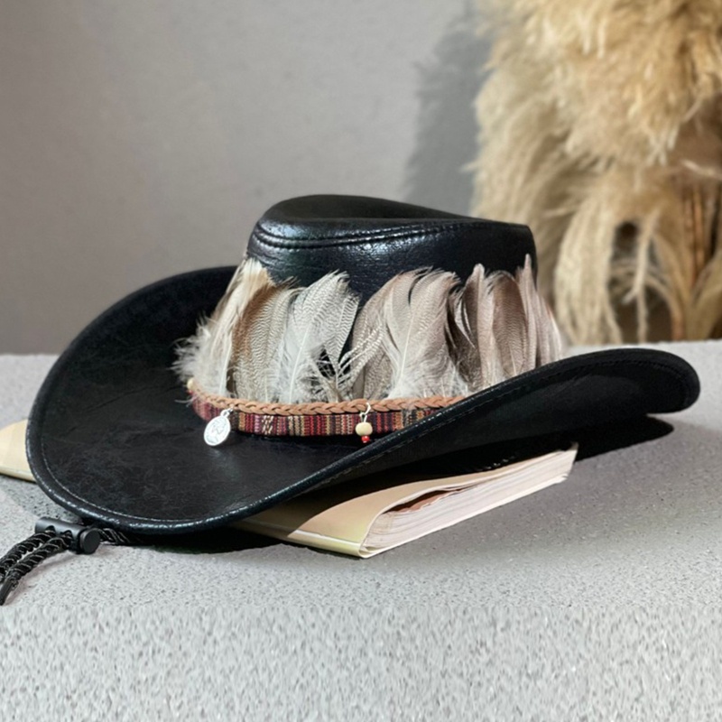Mũ Cao Bồi Giả Da Đính Lông Vũ Rộng Vành Phong Cách Cao Bồi Vintage Phương Tây