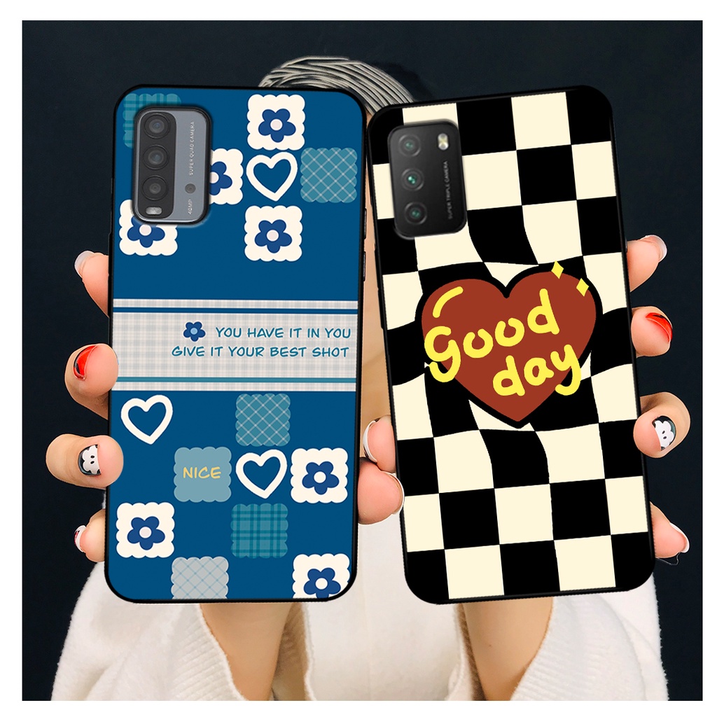 Ốp lưng Xiaomi Redmi 9T - Poco M3 in hoạ tiết caro trái tim đen trắng, gấu bear cute đáng yêu