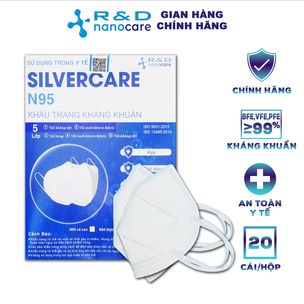 [ Hộp - 20 cái ] Khẩu trang n95 5 lớp kháng khuẩn SILVERCARE - Hàng chính hãng Nanocare R&amp;D