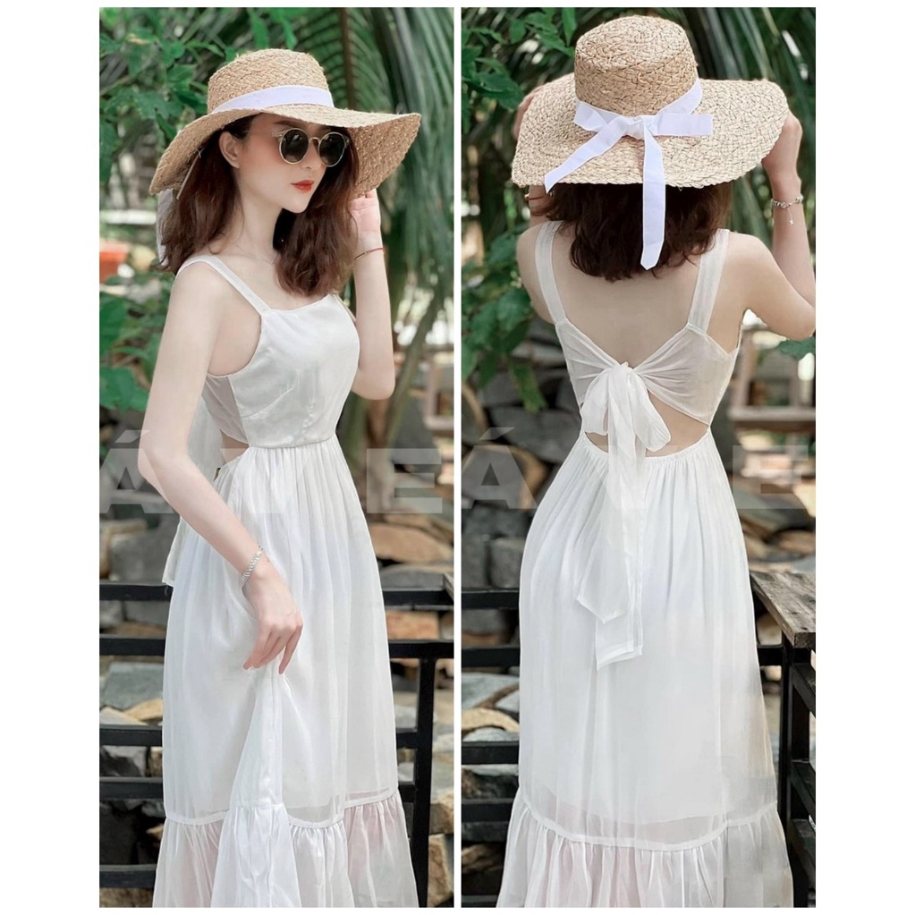 TTO Đầm maxi trắng 2 dây thắt nơ lưng sexy gợi cảm đi biển dáng xòe tầng tiểu thư bánh bèo voan 2 lớp