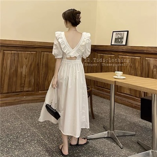 ( ỎRDER ) Đầm tiểu thư tay phồng vải thô hở lưng ulzzang / váy công chúa dáng dài cổ bèo