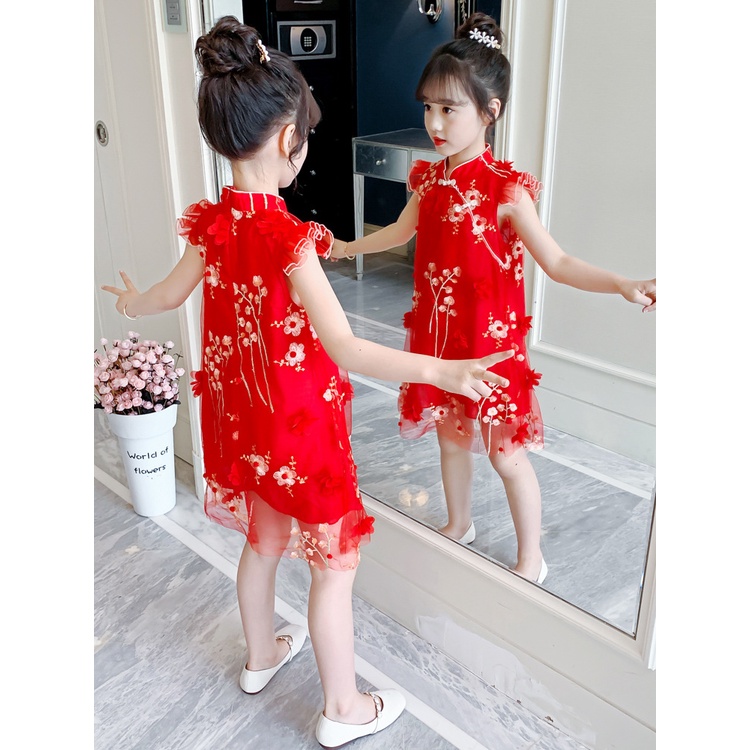 SANITKUN Đầm sườn xám họa tiết hoa phong cách Trung Hoa năm mới thời trang xinh xắn dành cho bé gái