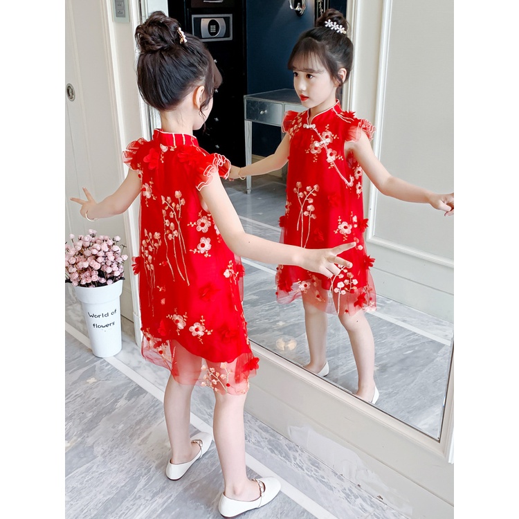 Đầm sườn xám in hoa kiểu Trung Hoa retro thời trang năm mới cho bé gái