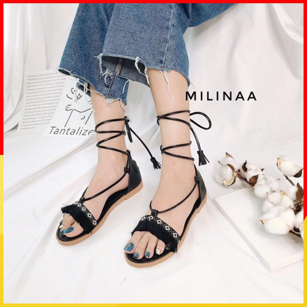 Giày sandal thổ cẩm buộc dây màu đen phong cách boho [HOT]