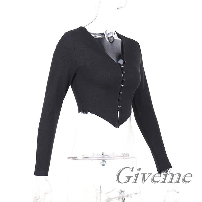 Áo Croptop Dệt Kim Tay Dài Cổ Chữ V Một Hàng Nút Màu Đen/Xanh Lá