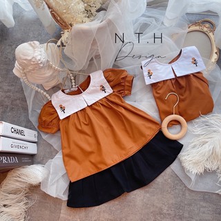 Sét áo nâu thêu cổ mix chân váy bé gái