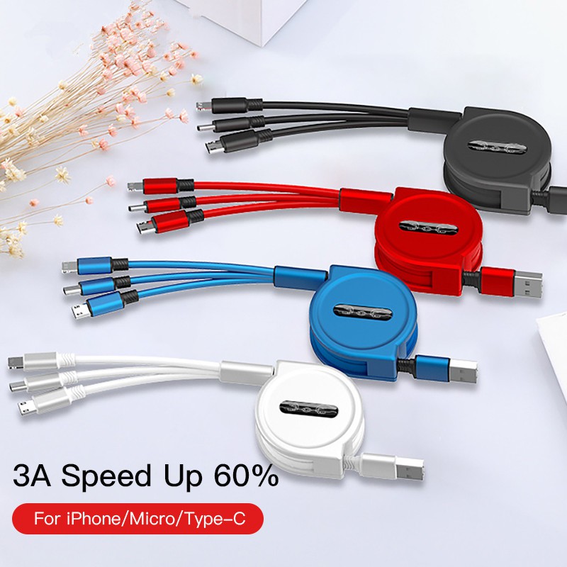 Cáp sạc di động 3 trong 1 USB 1,2M Cáp sạc nhanh 3A dành cho iPhone Samsung Micro USB Loại C