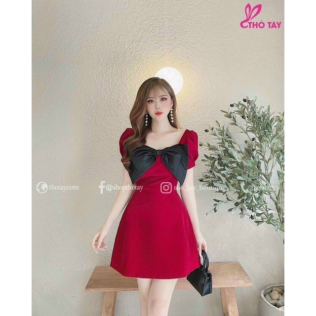 Đầm dự tiệc noel kiểu dáng tay phồng kết nơ voan xinh xắn nổi bật giá rẻ