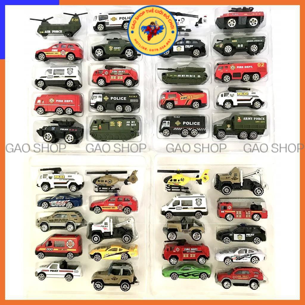 Hộp 10 xe ô tô đồ chơi cứu hỏa, cảnh sát, quân sự, máy bay, xe tăng cho các bé trai