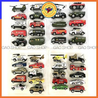 Hộp 10 xe ô tô đồ chơi cứu hỏa, cảnh sát, quân sự, máy bay, xe tăng cho các bé trai
