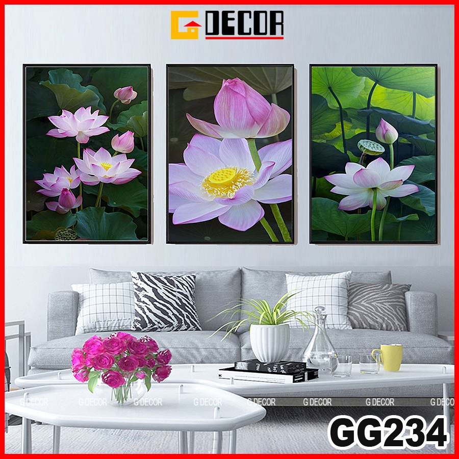 Tranh treo tường canvas khung gỗ 3 bức phong cách hiện đại Bắc Âu tranh hoa sen trang trí phòng khách phòng ngủ spa 234