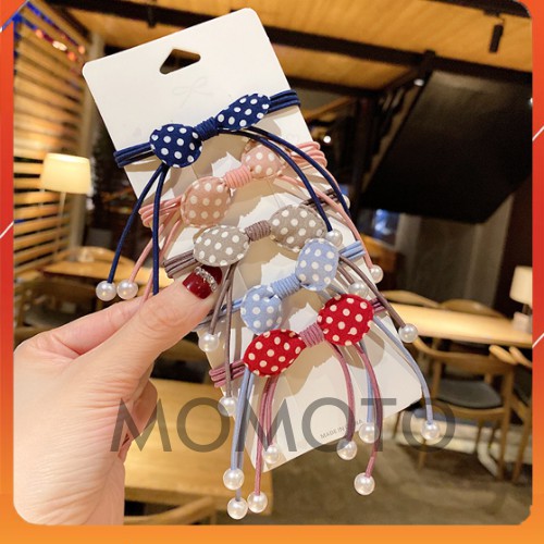 Set 2 Dây Thun Buộc Cột Tóc Nơ Họa Tiết Chấm Bi MOMOTO