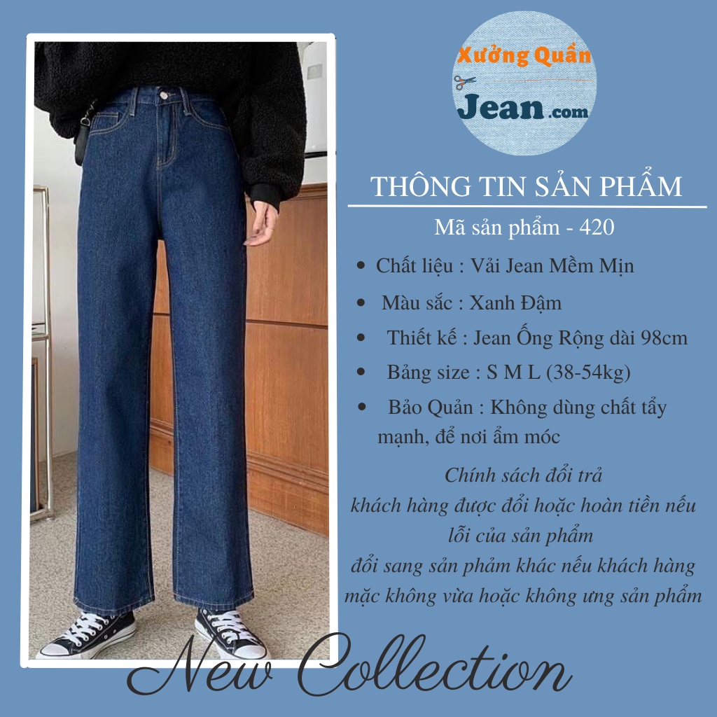 Quần Jean Nữ Ống Rộng Lưng Cao Dáng Suông, Quần Bò Trơn Màu Xanh Đậm Sang Chảnh Size SML 420