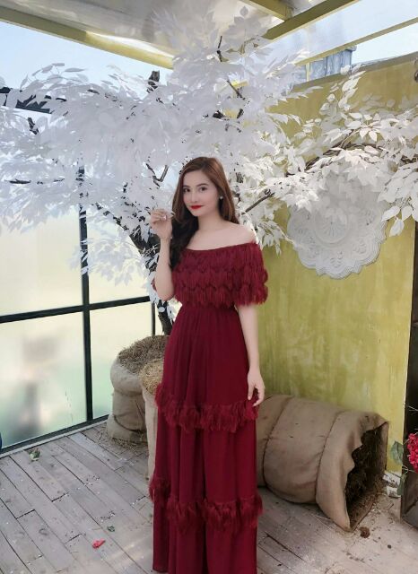 Đầm maxi trễ vai phối dây tơ bèo trùm cực yêu-Hình thật SP Kèm hình Khách | BigBuy360 - bigbuy360.vn