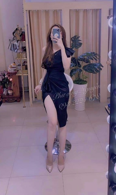 Đầm body lệch vai xếp ly bèo eo có mút ngực sexy sang chảnh