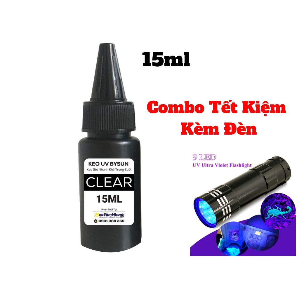 Combo Keo UV Kèm Đèn Uv Bysun Clear Trong Suốt Dán Kính, Dán Thép, Dán Mica BB010 15ml