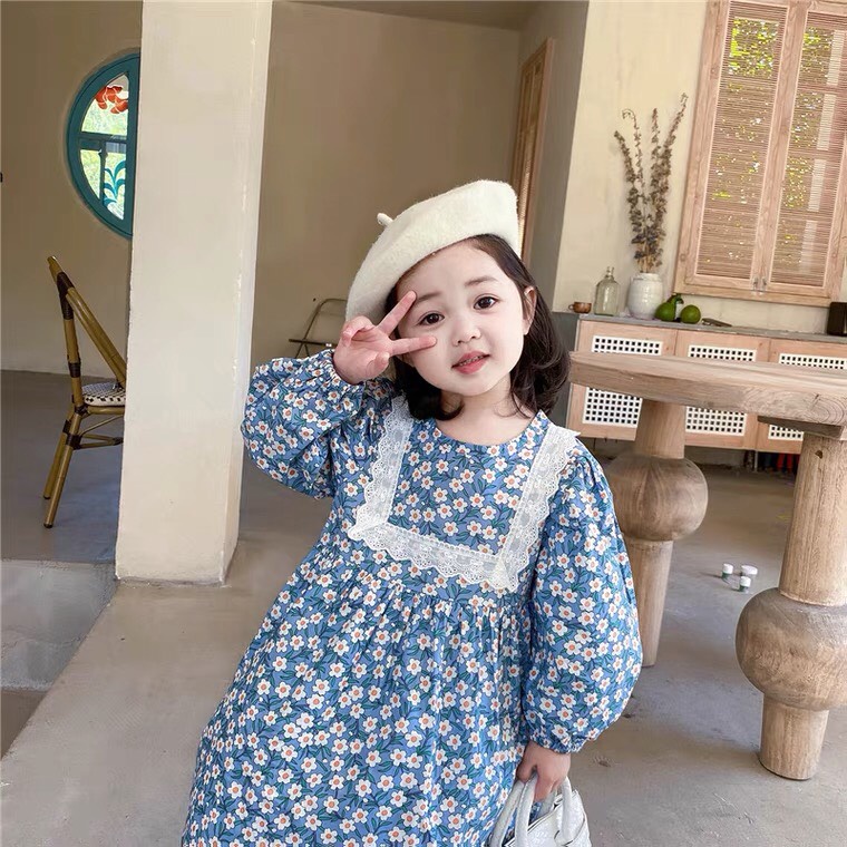 Đầm Thu Đông Cho Bé Gái Hml   Hoa Nhí Ren Vuông, Váy Trẻ Em Thu Đông 1,2,3,4,5,6,7,8,9,10 Tuổi Size Đại Mã A40