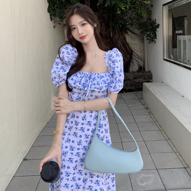 Đầm in hình hoa tay phồng dáng dài xẻ tà kiểu Pháp thời trang mùa hè dành cho nữ
