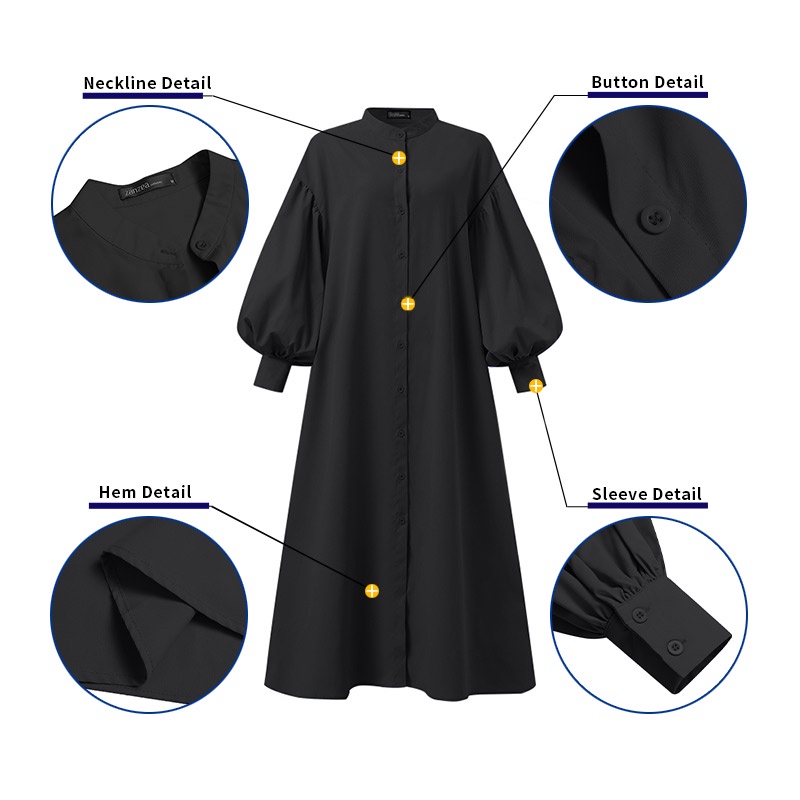 Zanzea Đầm Dài Cổ Tròn Cài Nút Tay Lồng Đèn Thời Trang Cho Nữ