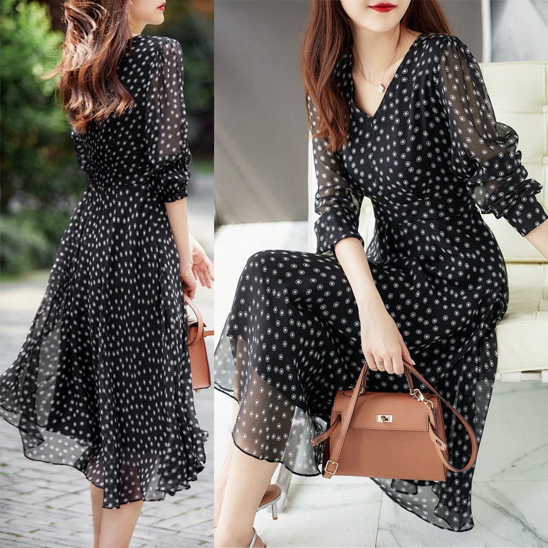 Đầm Voan Cổ Chữ V Eo Cao In Họa Tiết Chấm Bi Màu Đen Thời Trang Mùa Hè Phong Cách Pháp Thời Trang Cho Nữ 2022